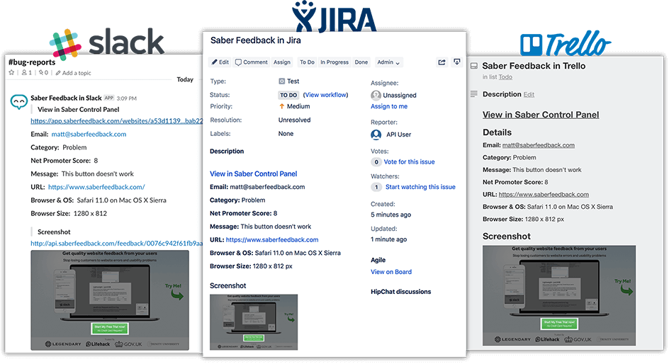 Saber Feedback in Jira, Slack, and Trello