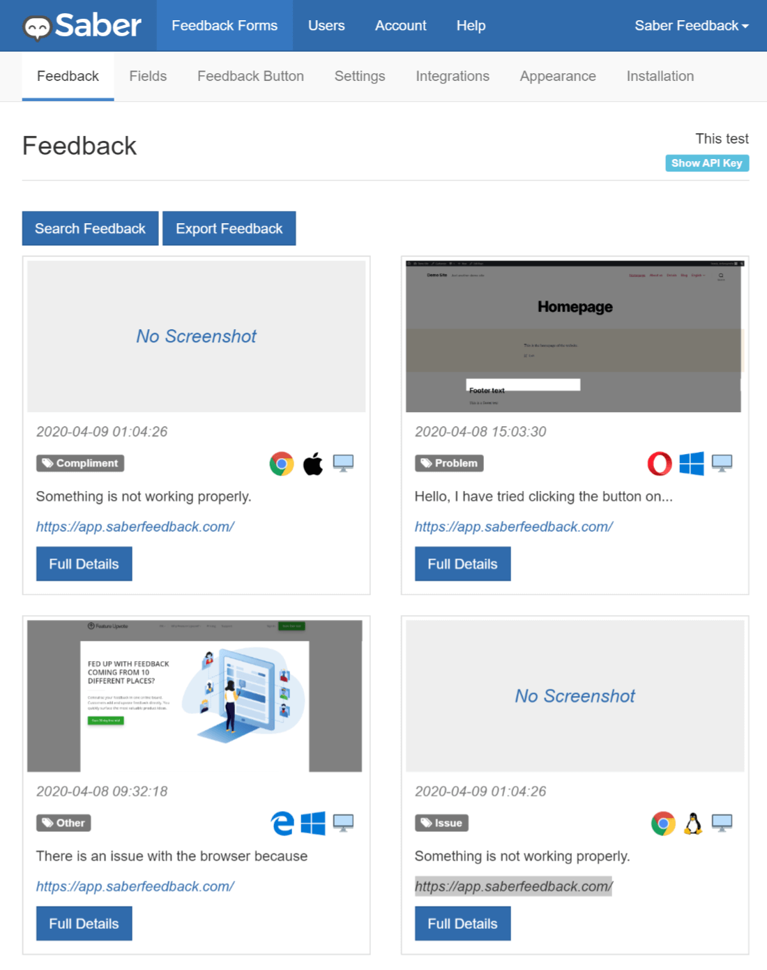 Saber Feedback dashboard