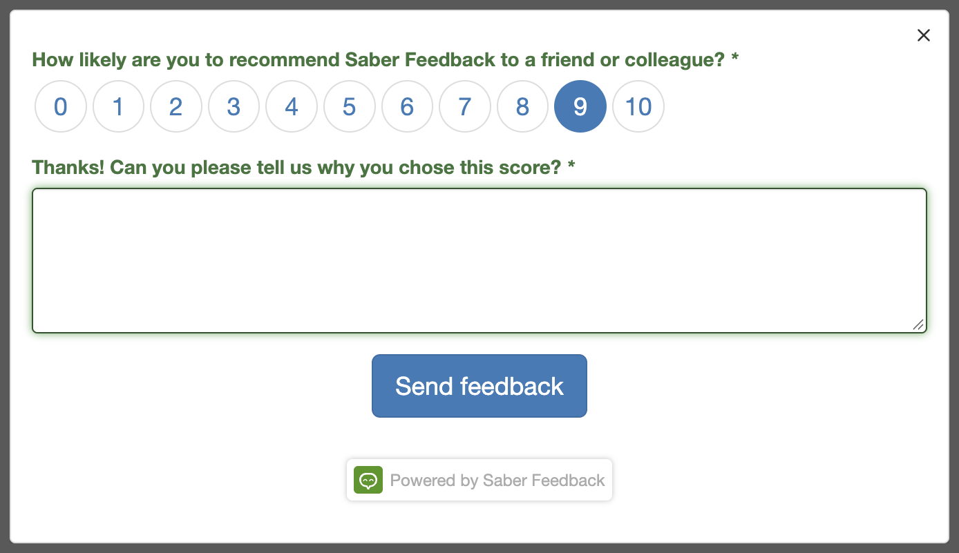A Saber Feedback NPS form with a score of 9 selected and a follow-up question asking why